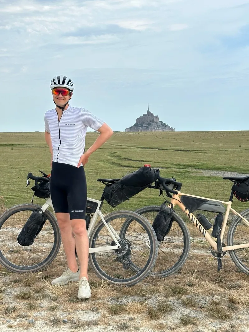 Loaded gravel bikes near Mont-Saint-Michel