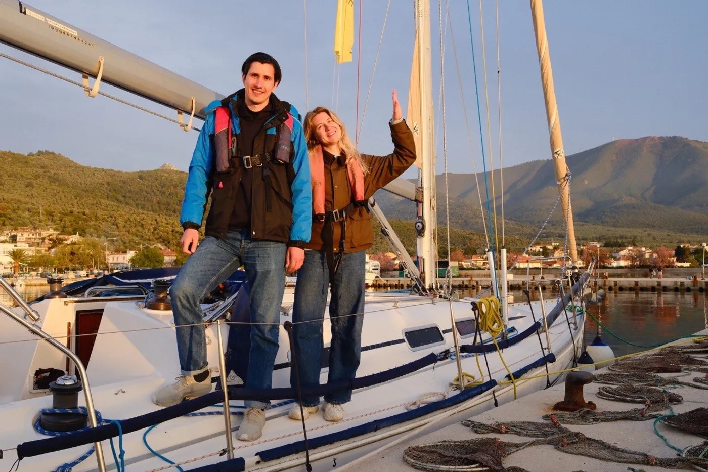 On deck of a sailboat at golden hour in the Aegean