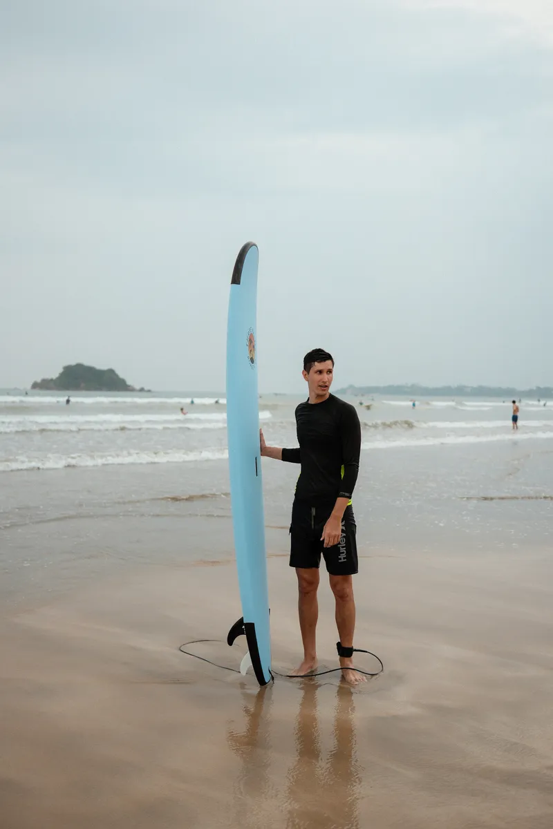 Standing with a longboard on a Sri Lankan beach