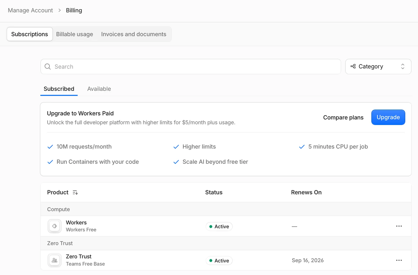 The Cloudflare billing page, Subscriptions tab, listing two subscribed products: Workers on the Workers Free plan and Zero Trust on Teams Free Base, both marked Active.