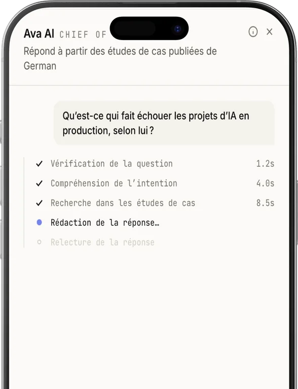 The earlier progress panel on a phone, in French, showing 1.2s, 4.0s and 8.5s beside the first three stages while the fourth is still running.