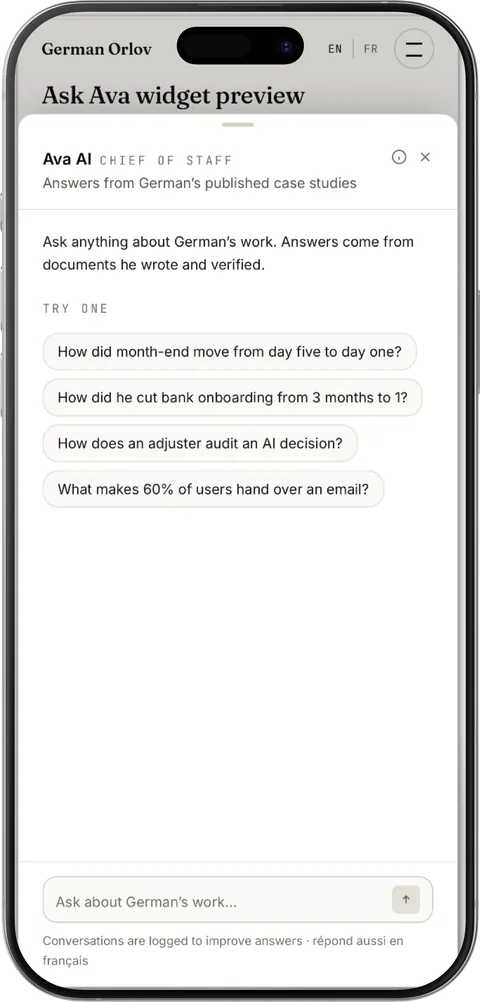 The assistant open on a phone, headed "Ava AI, chief of staff", inviting a question about German’s work above four suggested questions and a text box.