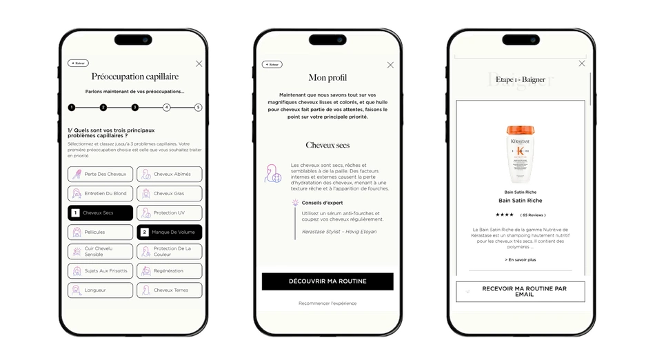 Three screens from the Kérastase hair diagnosis: ranking hair concerns by priority, the resulting personalised profile, and the recommended routine offered by email