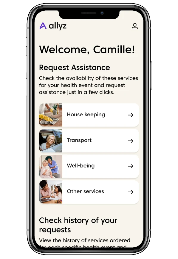 Beneficiary portal home screen, listing assistance services to request