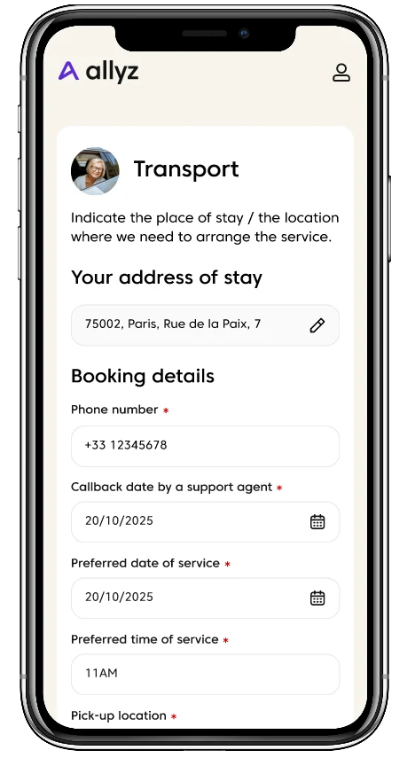 Beneficiary portal transport booking form with date and address fields