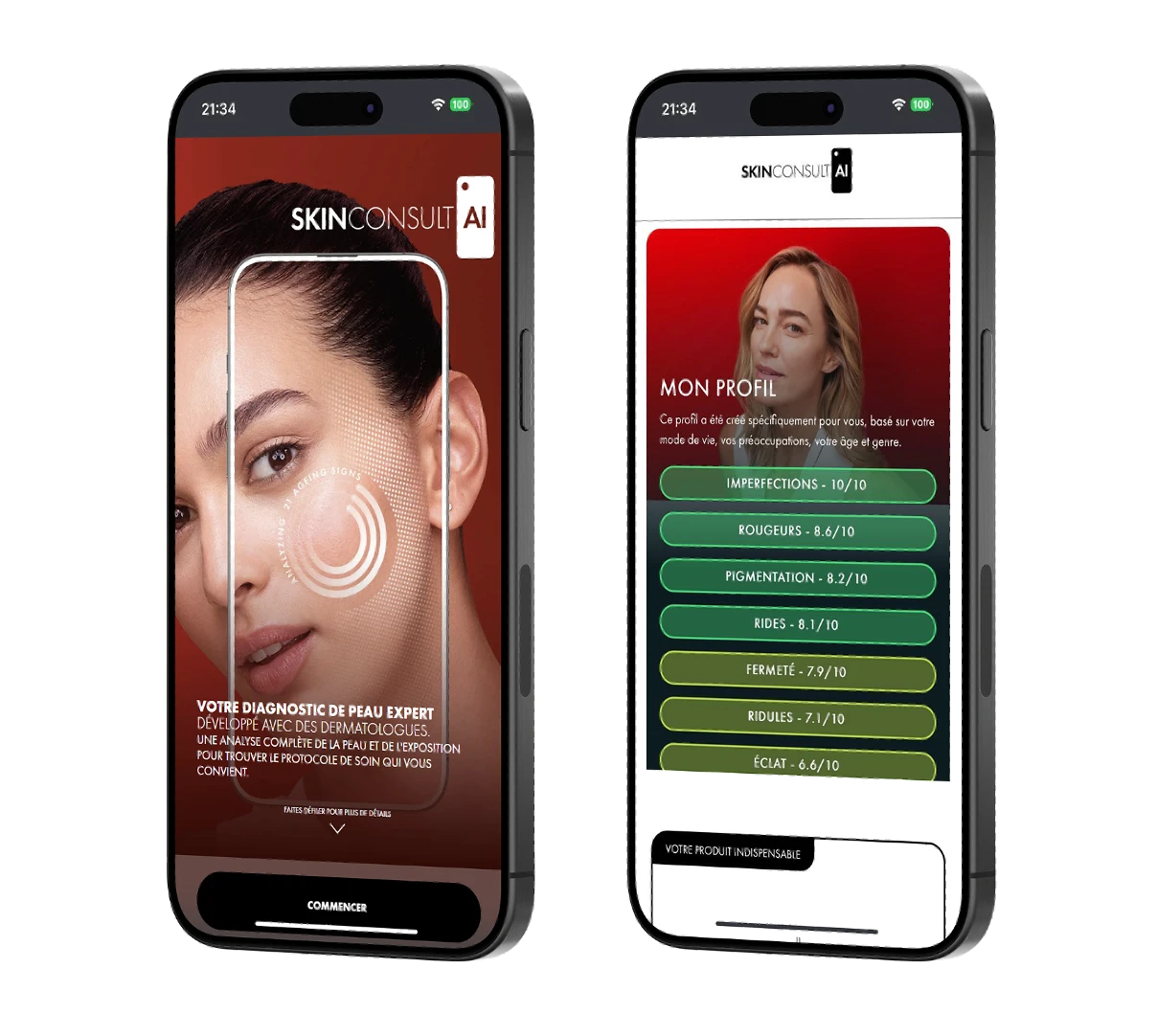Two screens from Skin Consult AI: the guided skin scan, and the resulting profile scoring seven concerns from imperfections down to radiance